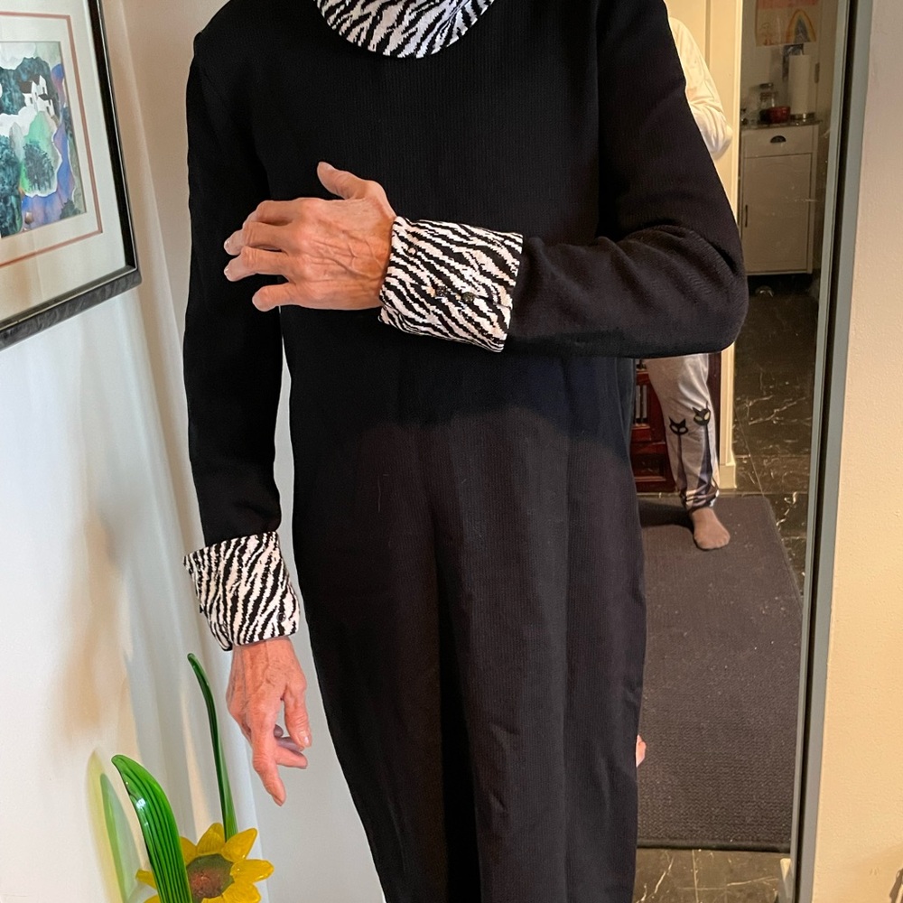 St. John Black and White Turtleneck Sweater with Zebra Print